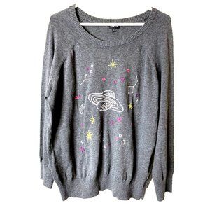 Torrid Women's Cotton Sweater  Gray w/ Colorful Embroidery Pullover Size 1X NWOT